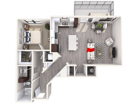Floor plan for 1 bed, 1 bath, 897 sqft